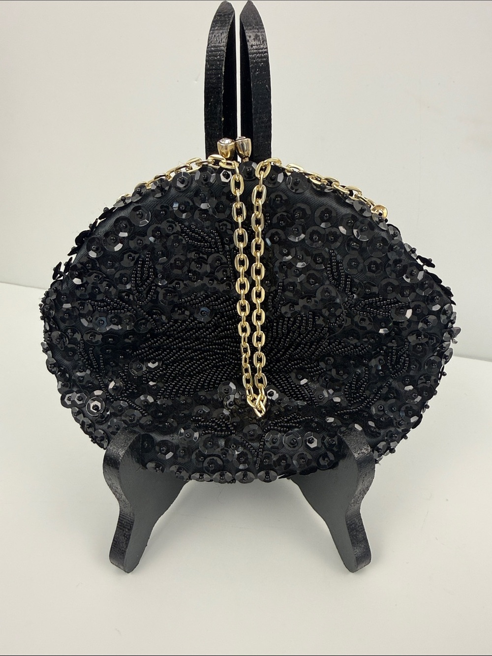 Vintage Black beaded Sequin Evening Bag with Gold Chain